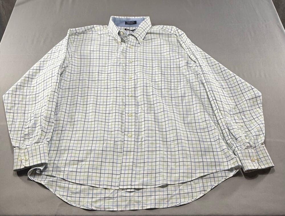 Chaps Men’s XL Button Down Shirt White Blue Green Windowpane Plaid Long Sleeve